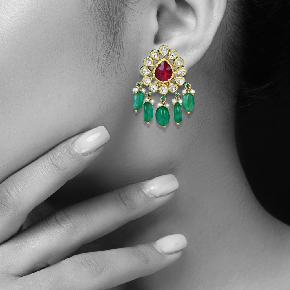 Red Gemstone Earrings with Polkis and Emerald Drops